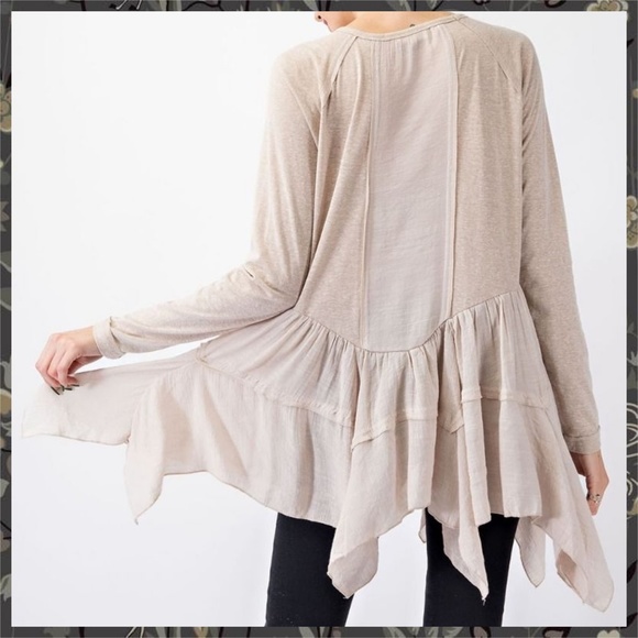 EASEL Long Sleeved Asymmetrical Ruffled Hem Lightweight Tunic Top - Picture 3 of 14